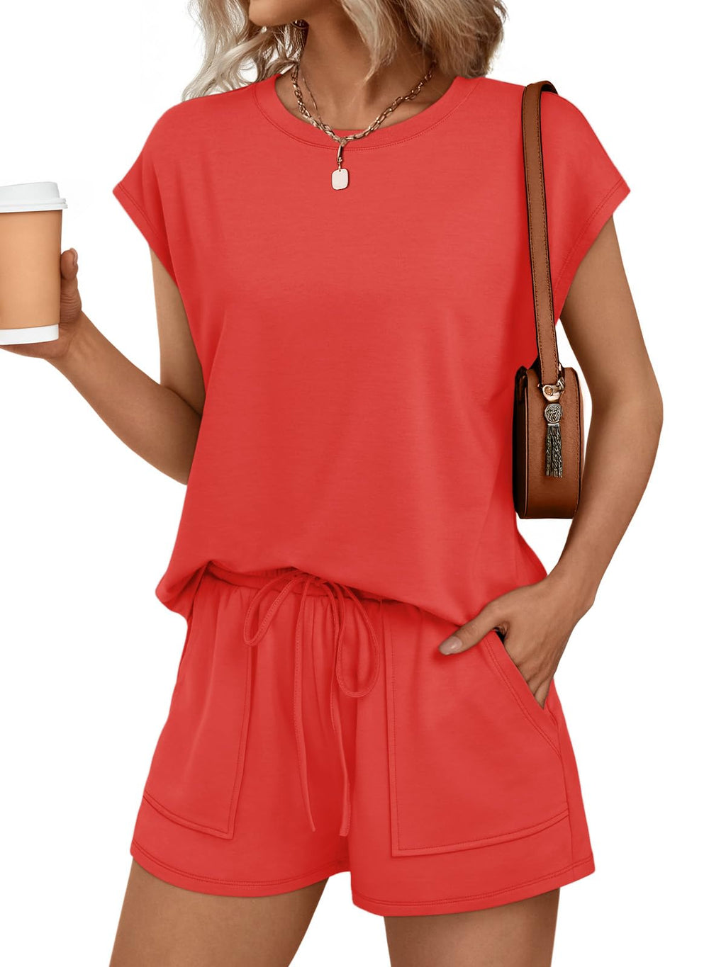AUTOMET Womens Crew Neck Two Piece Short Sets Cap Sleeve Drawstring Summer Sweatsuit with Pocket