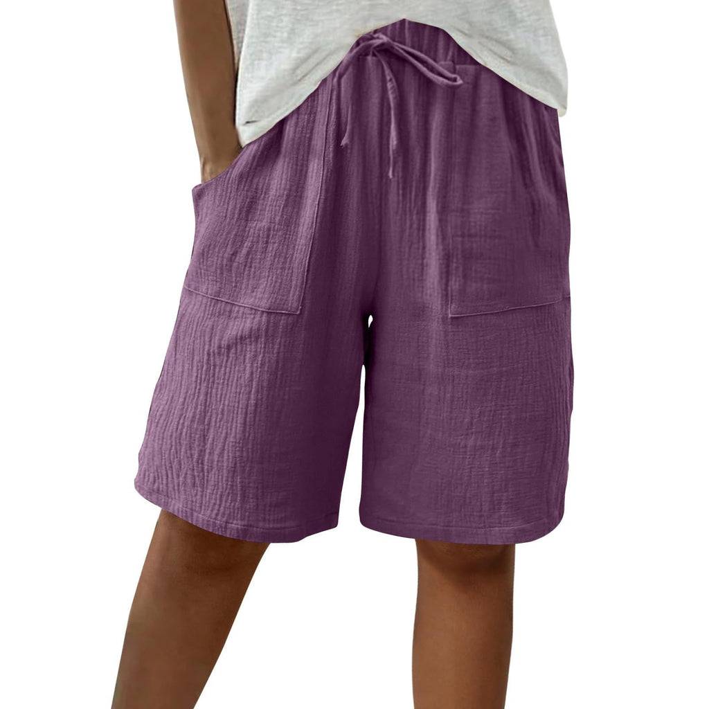 Cotton Linen Shorts for Women Knee Length Drawstring Bermuda Shorts with Pockets Summer Casual Baggy Wide Leg Outfits