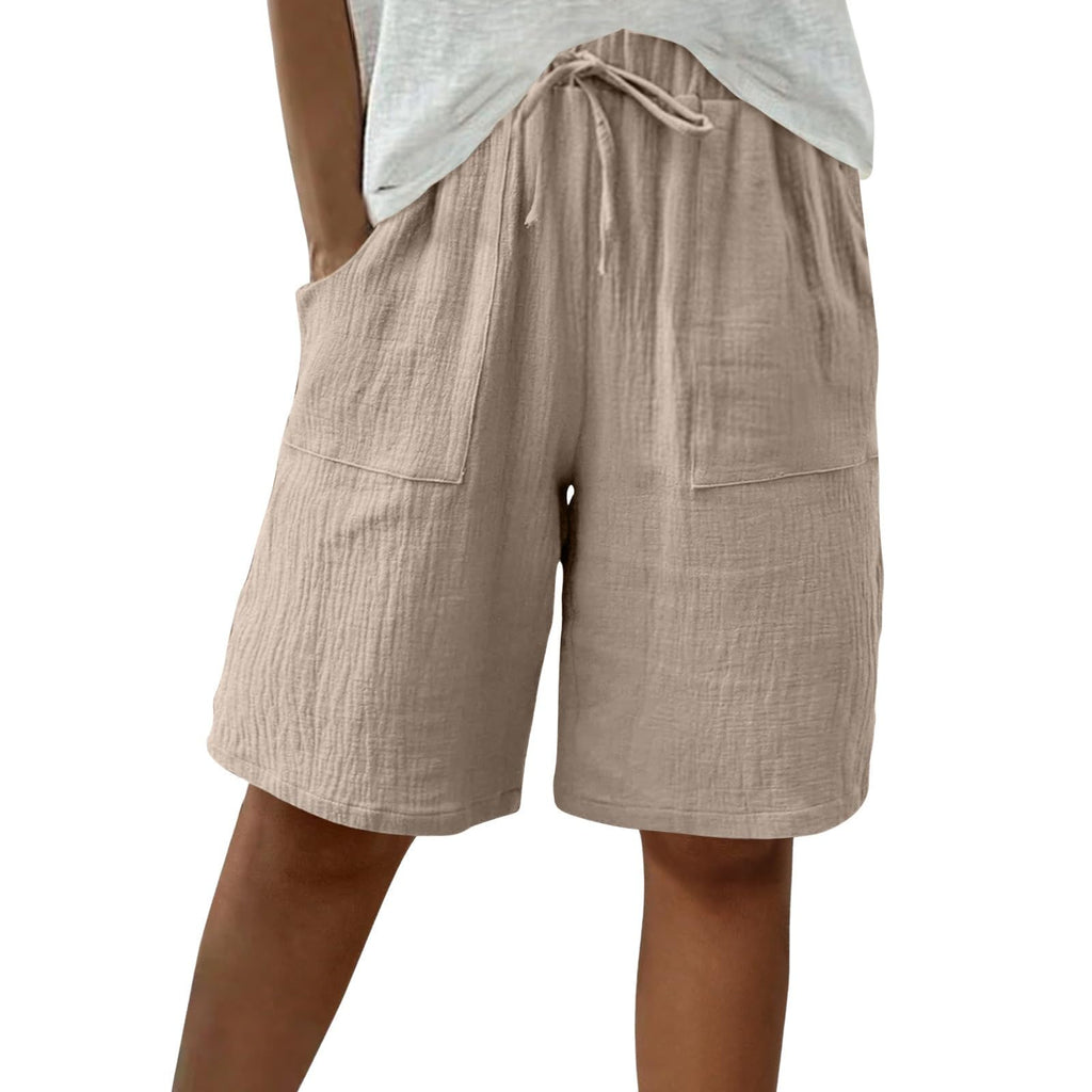Cotton Linen Shorts for Women Knee Length Drawstring Bermuda Shorts with Pockets Summer Casual Baggy Wide Leg Outfits