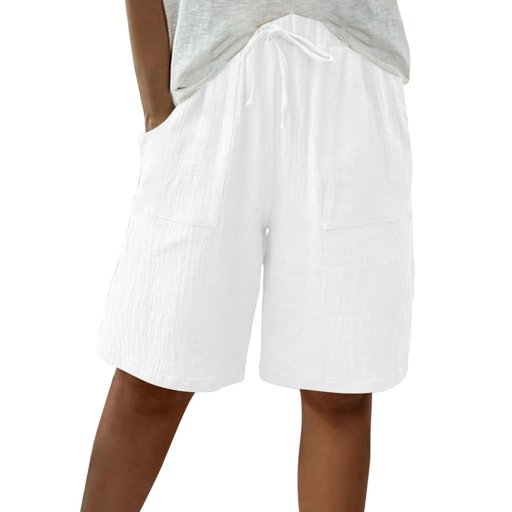 Cotton Linen Shorts for Women Knee Length Drawstring Bermuda Shorts with Pockets Summer Casual Baggy Wide Leg Outfits