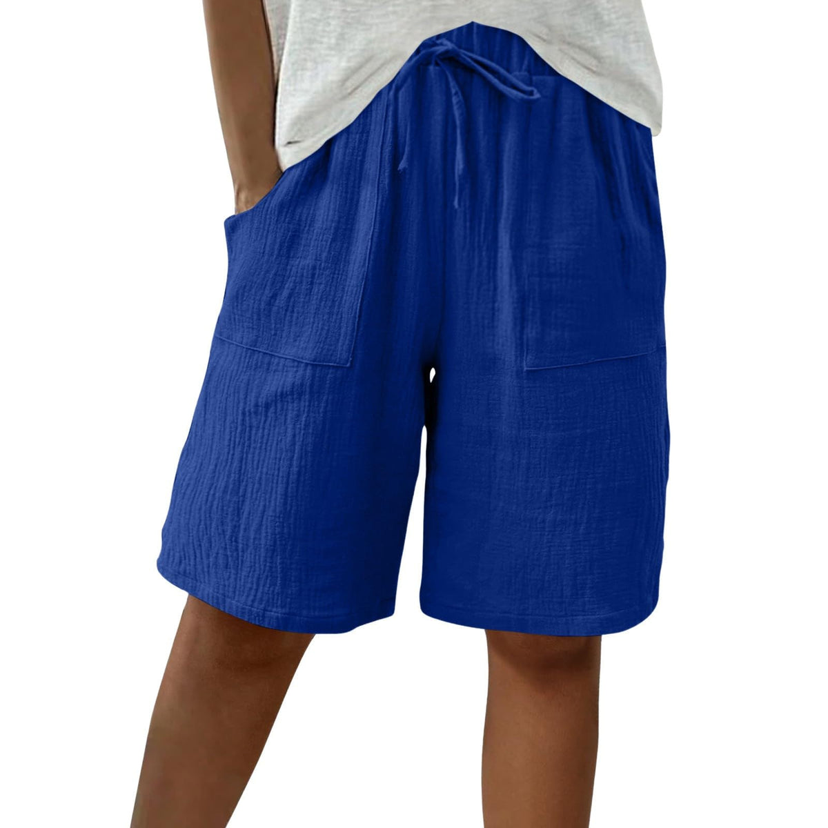 Cotton Linen Shorts for Women Knee Length Drawstring Bermuda Shorts with Pockets Summer Casual Baggy Wide Leg Outfits