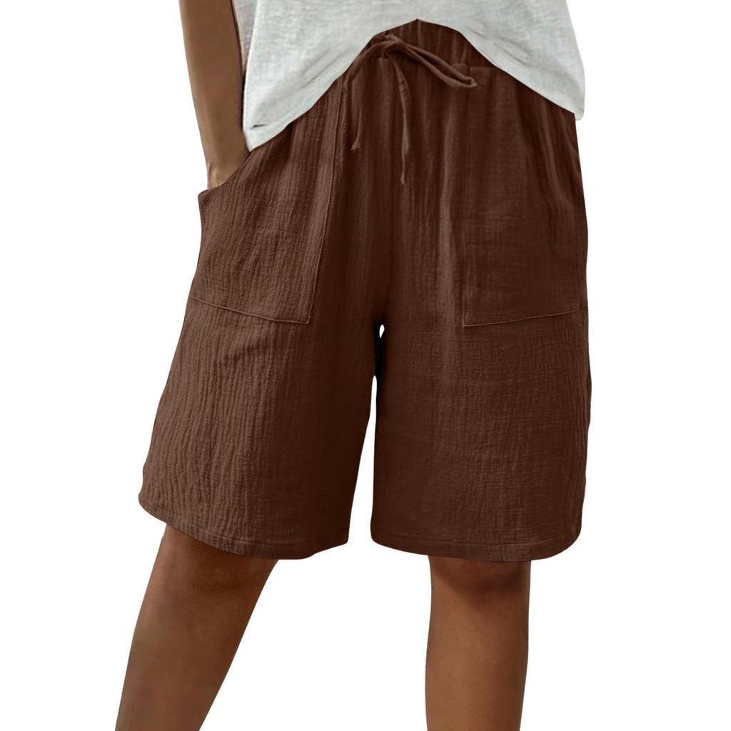 Cotton Linen Shorts for Women Knee Length Drawstring Bermuda Shorts with Pockets Summer Casual Baggy Wide Leg Outfits