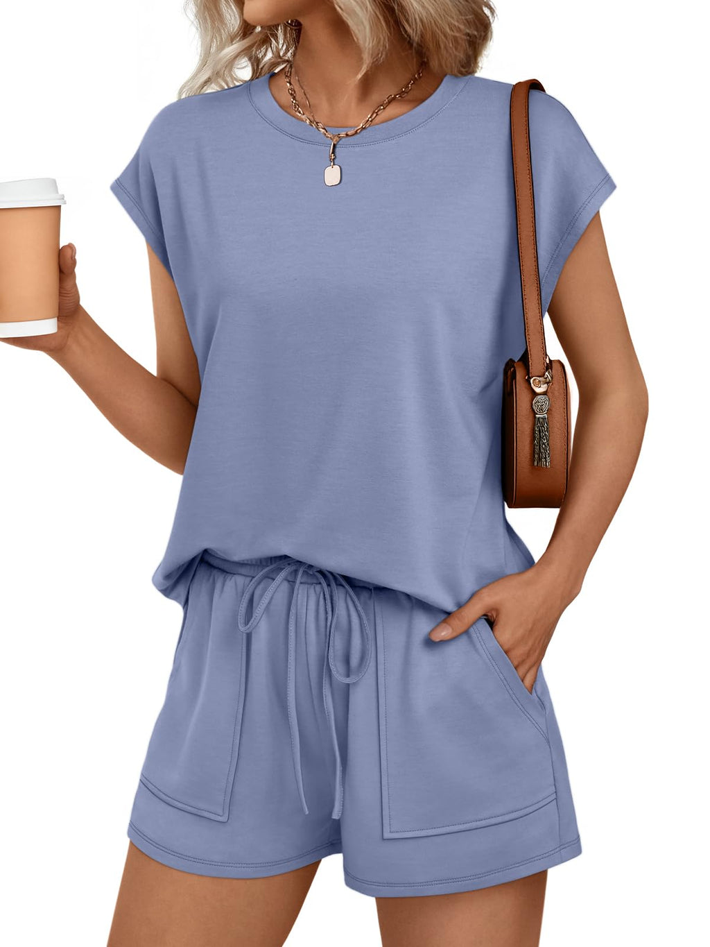 AUTOMET Womens Crew Neck Two Piece Short Sets Cap Sleeve Drawstring Summer Sweatsuit with Pocket