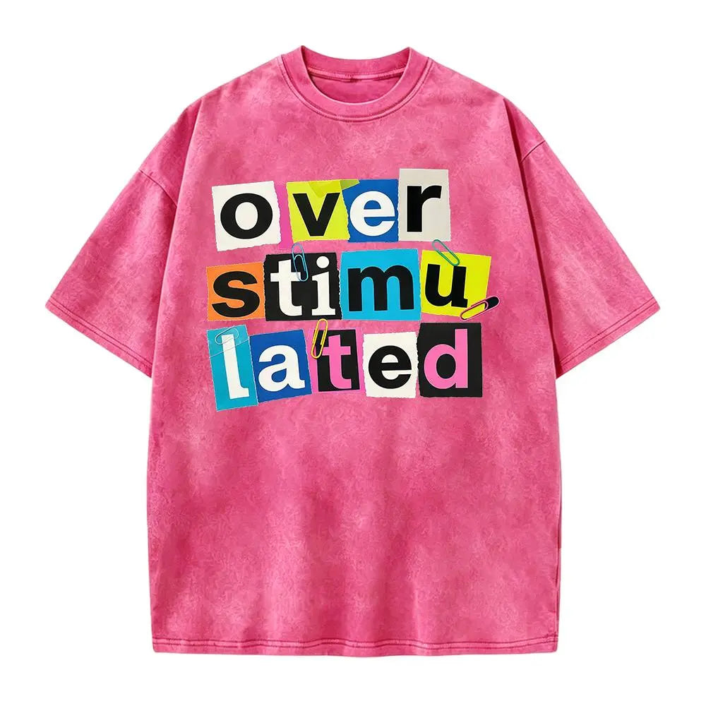 Women's Casual Graphic T-Shirt - "Overstimulated" Print Short Sleeve Summer Top, Black with White Lettering, Breathable Round Neck Tee for Casual Attire, Ladies T Shirts, Comfortable Tee, Relaxed Fit Shirt, Machine Washable Shirt