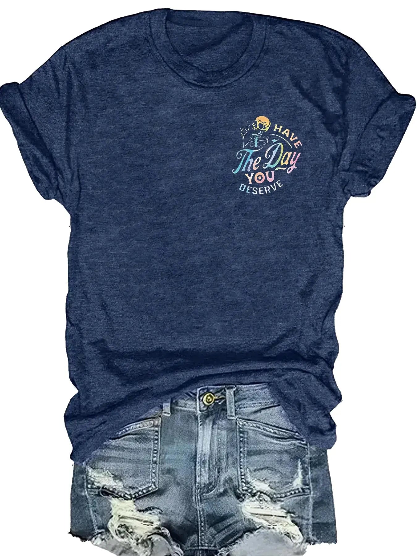Women's Casual Everyday Fitted Graphic Letter Print Round Neck Short Sleeve T-Shirt, Spring Summer Streetwear Fashion Tee, Fun Skull Pattern, Inspirational Gradient Design, Womenswear