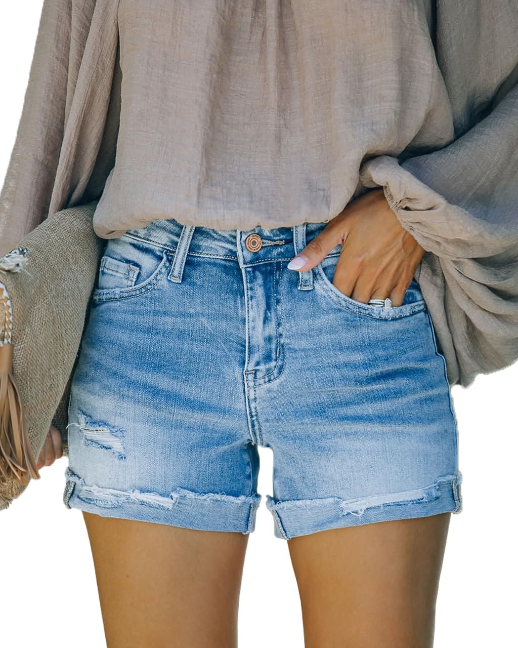 Women's Mid Rise Ripped Stretchy Jean Shorts Frayed Raw Hem Casual Denim Shorts 2026