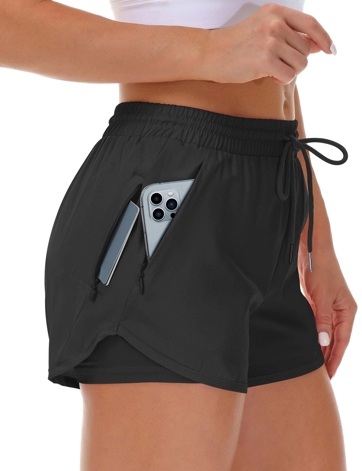 Mancreda Women's Running Shorts with Liner 3 Zipper Pockets Elastic Workout Athletic Gym Yoga Shorts