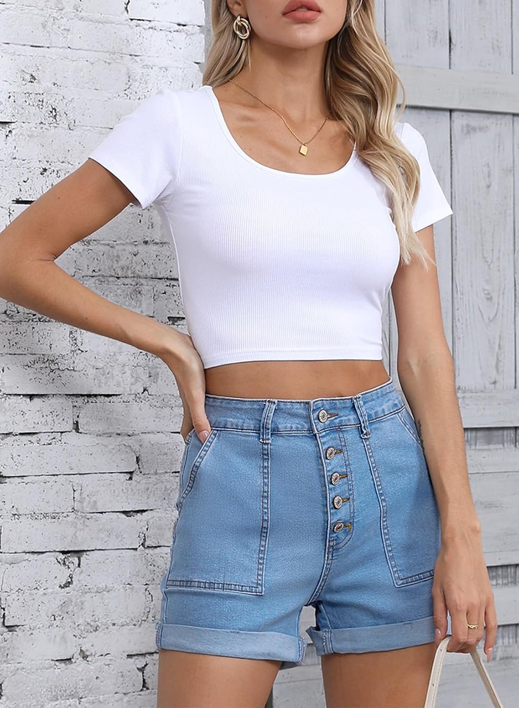 Sidefeel Womens Jean Shorts High Waisted Stretchy Buttoned Folded Hem Zimbaplatinum Denim Shorts
