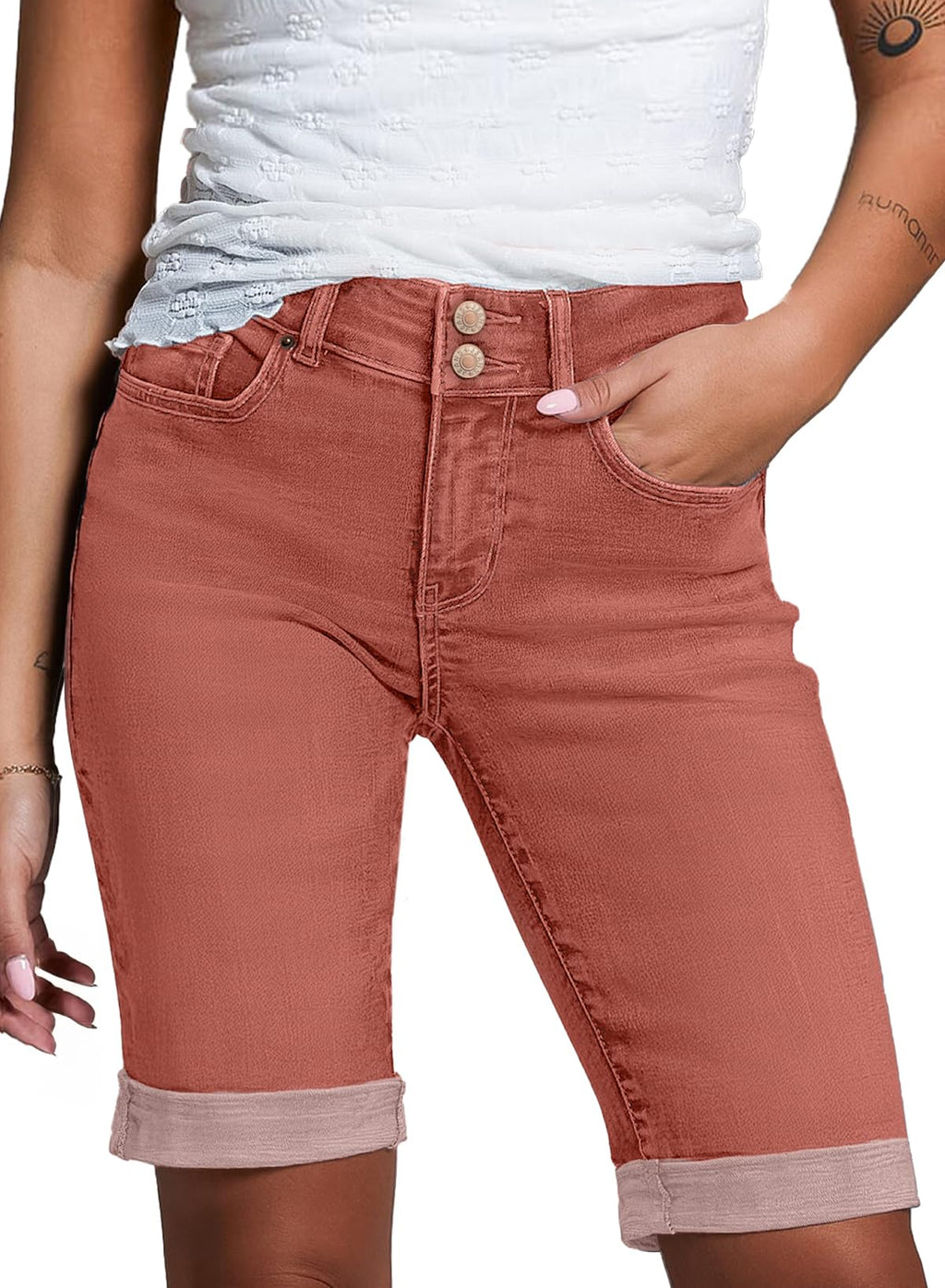 Sidefeel Women's Jean Shorts High Waisted Stretchy Bermuda Folded Hem Denim Summer Shorts