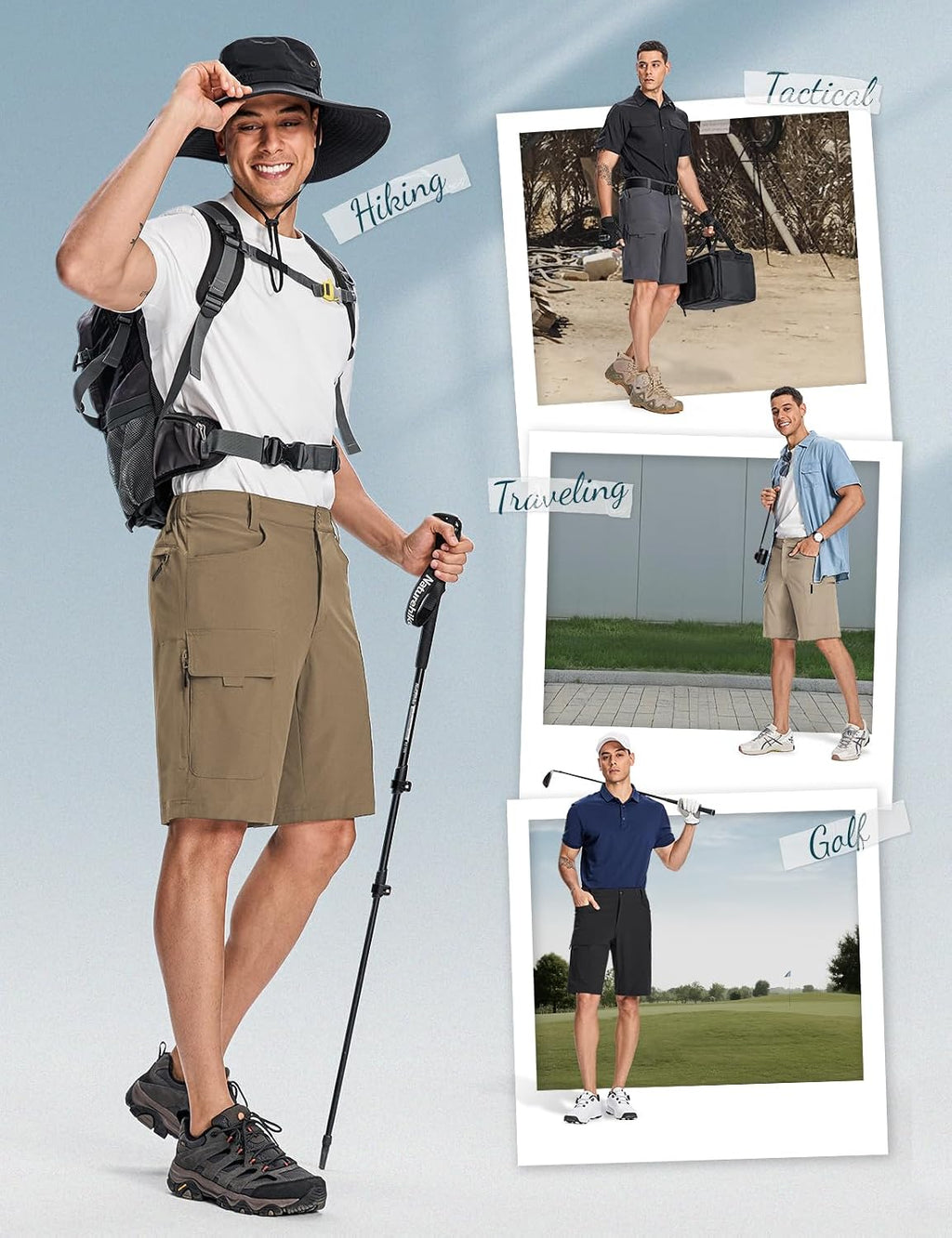 Moosehill Men’s Hiking Shorts Stretch Quick Dry Anti-Chafe 10" | Lightweight, 6 Pockets, Water Resistant, Flex Waist Zipper Phone Pocket, ideal for Summer Hikers Fisher, Trail to Town