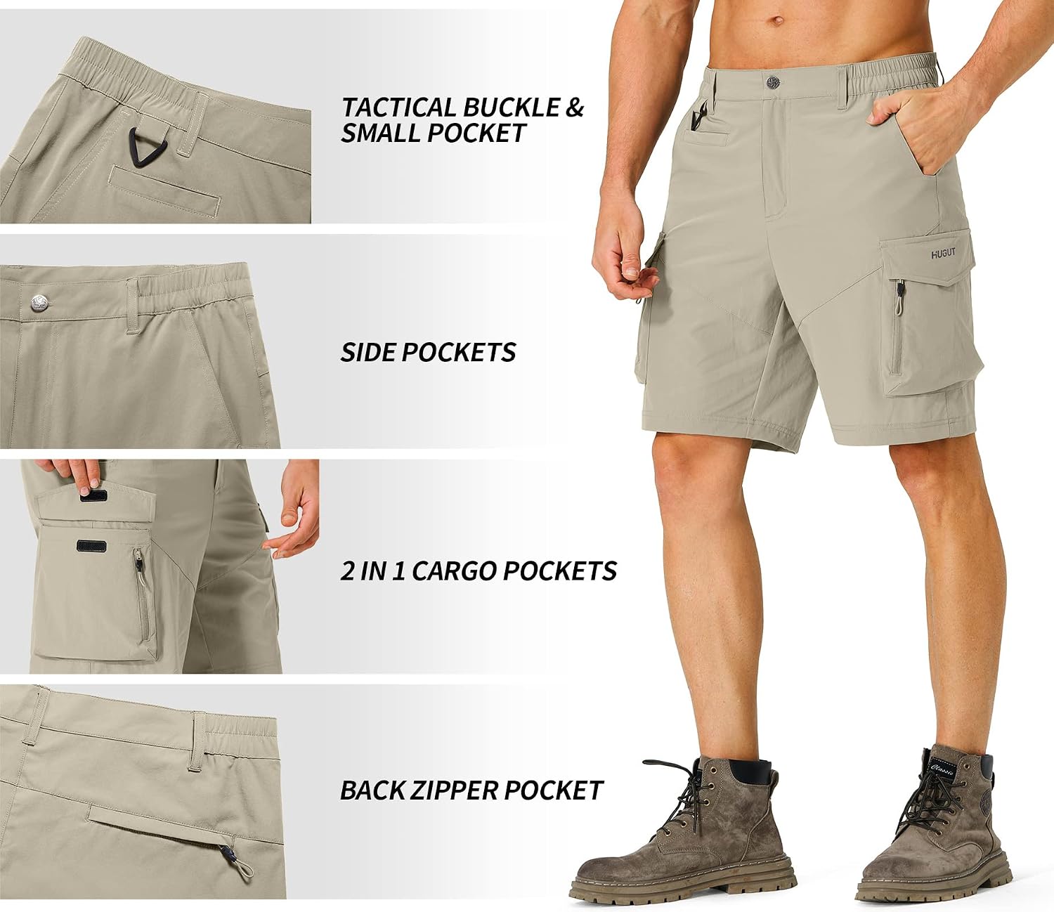 Hugut Men's Hiking Cargo Shorts Quick Dry Lightweight Travel Shorts with Multi Pockets for Fishing Camping Golf