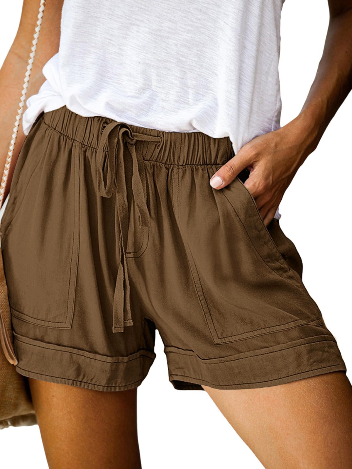 Wielsscca Womens Drawstring Shorts Summer Elastic Waist Casual Lightweight with Pockets
