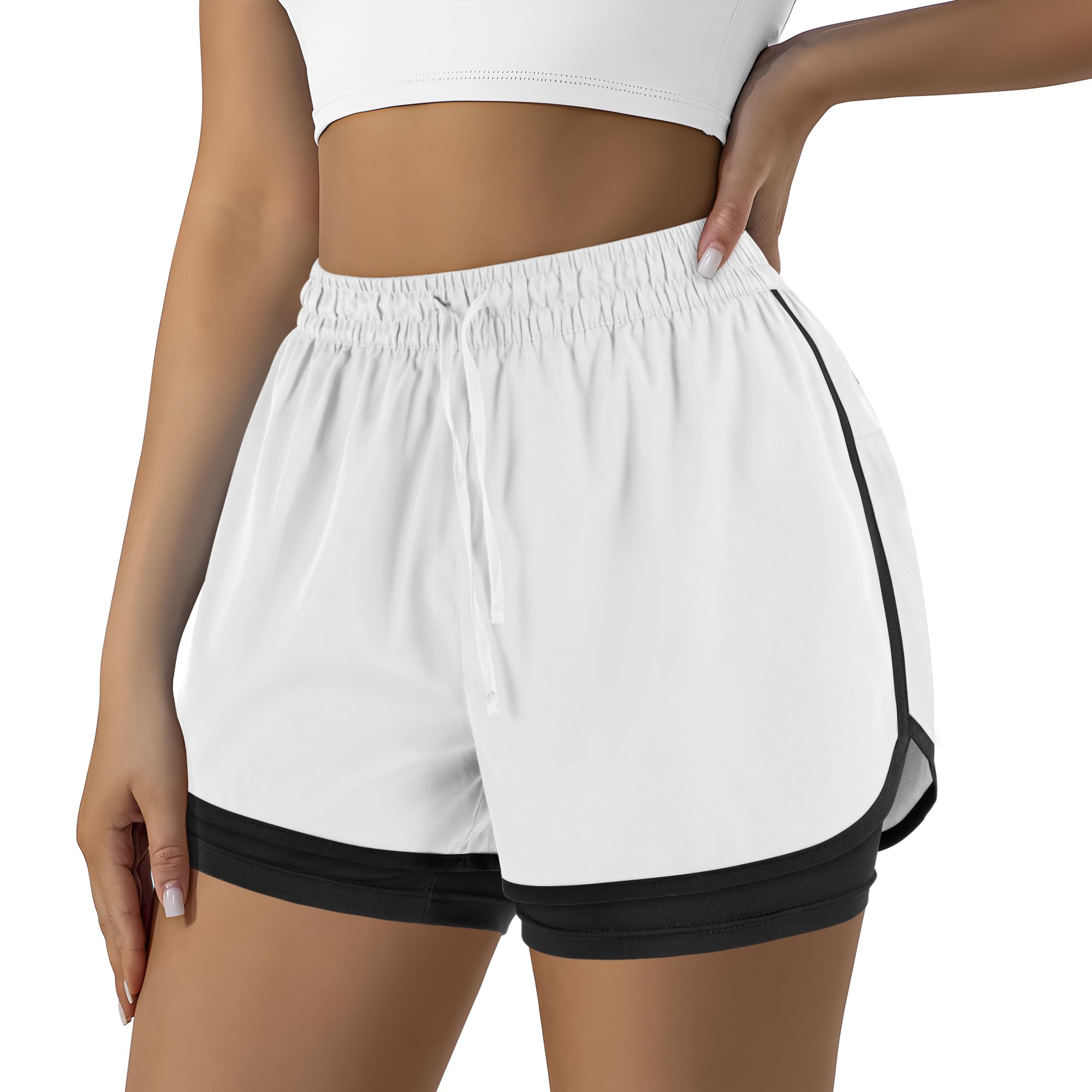 Yevrimow Women's 2 in 1 Running Shorts for Gym Yoga Workout Athletic Shorts High-Waisted Shorts with Liner Pockets