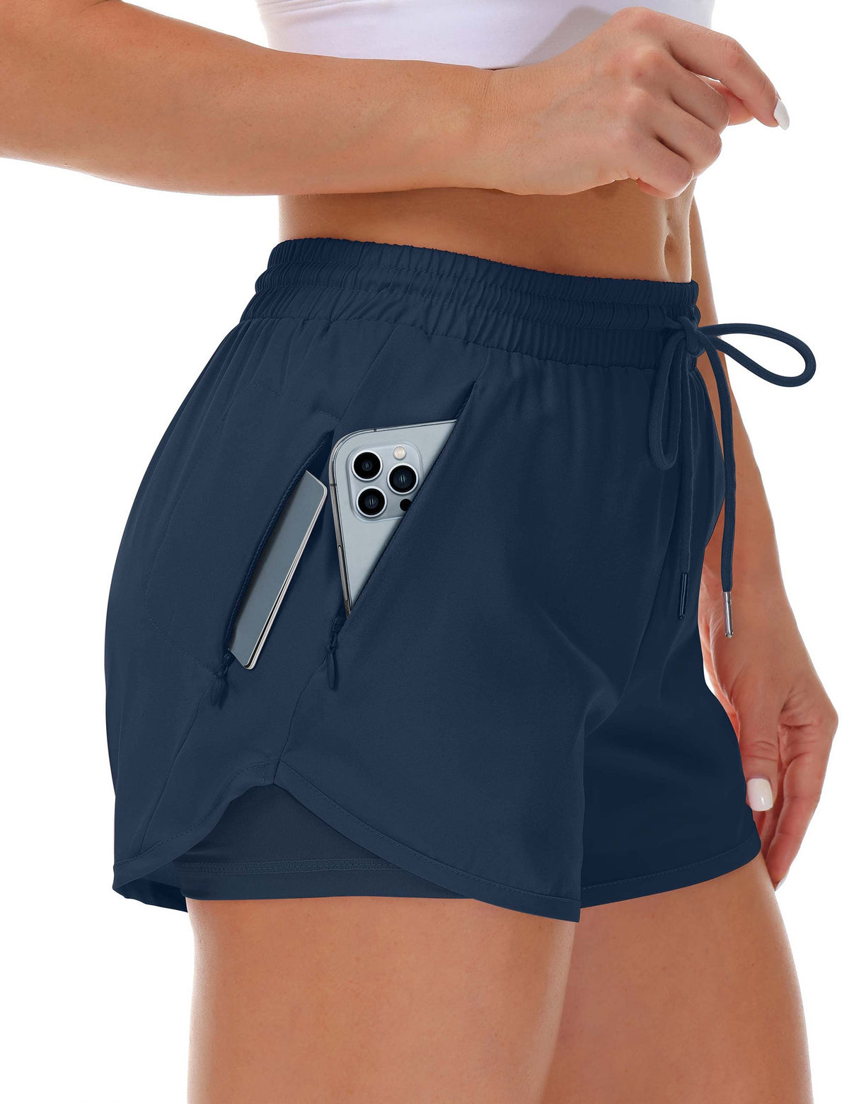 Mancreda Women's Running Shorts with Liner 3 Zipper Pockets Elastic Workout Athletic Gym Yoga Shorts
