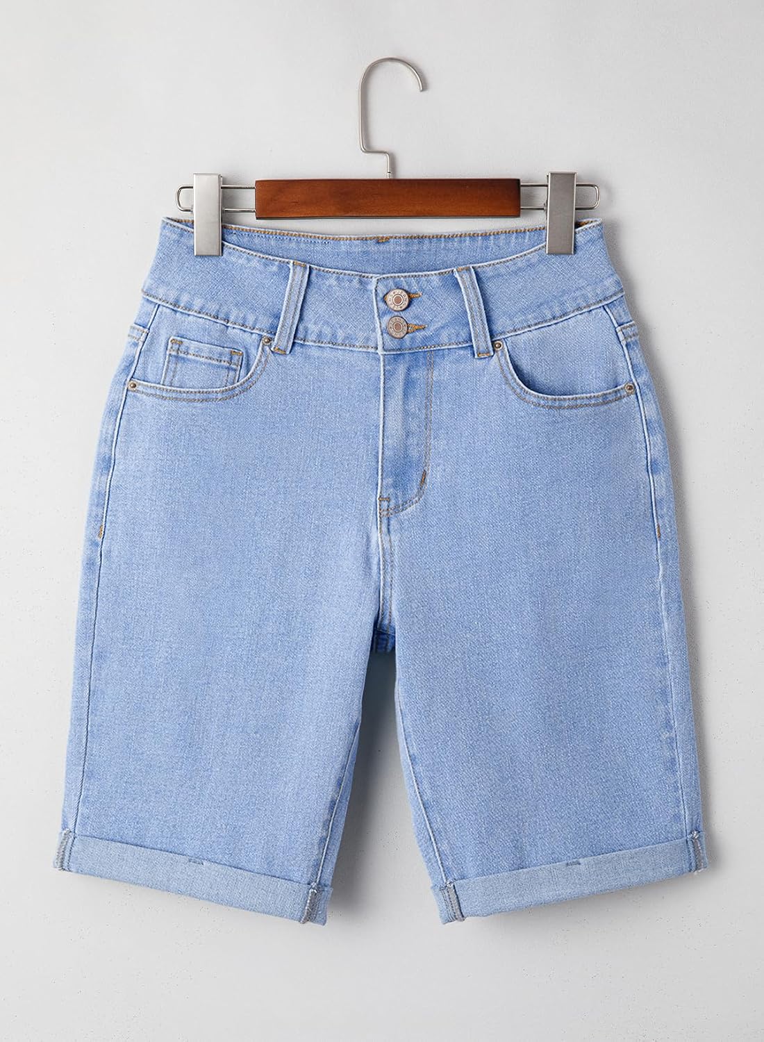 Sidefeel Women's Jean Shorts High Waisted Stretchy Bermuda Folded Hem Denim Summer Shorts