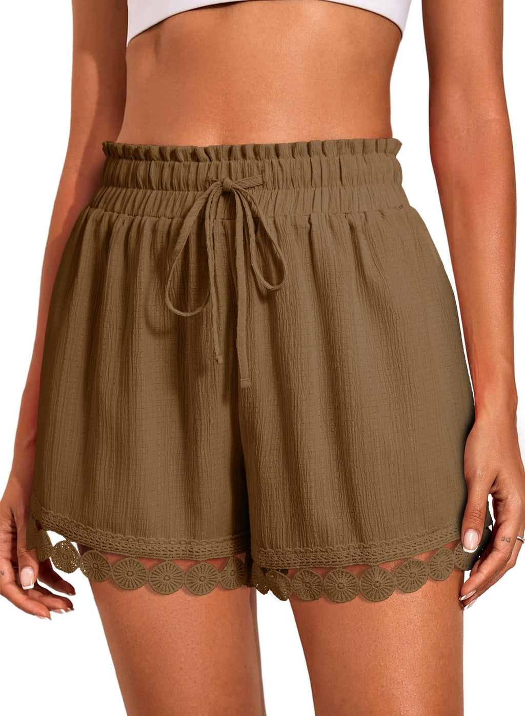 Dokotoo Womens Shorts Summer Casual Loose Elastic Waist Drawstring Lace Boho Beach Cover Up Shorts