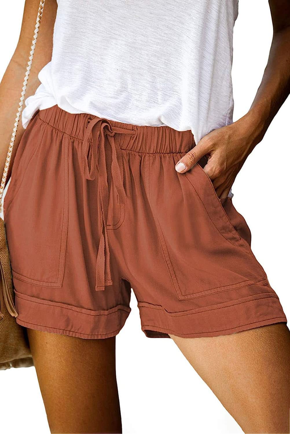 Wielsscca Womens Drawstring Shorts Summer Elastic Waist Casual Lightweight with Pockets