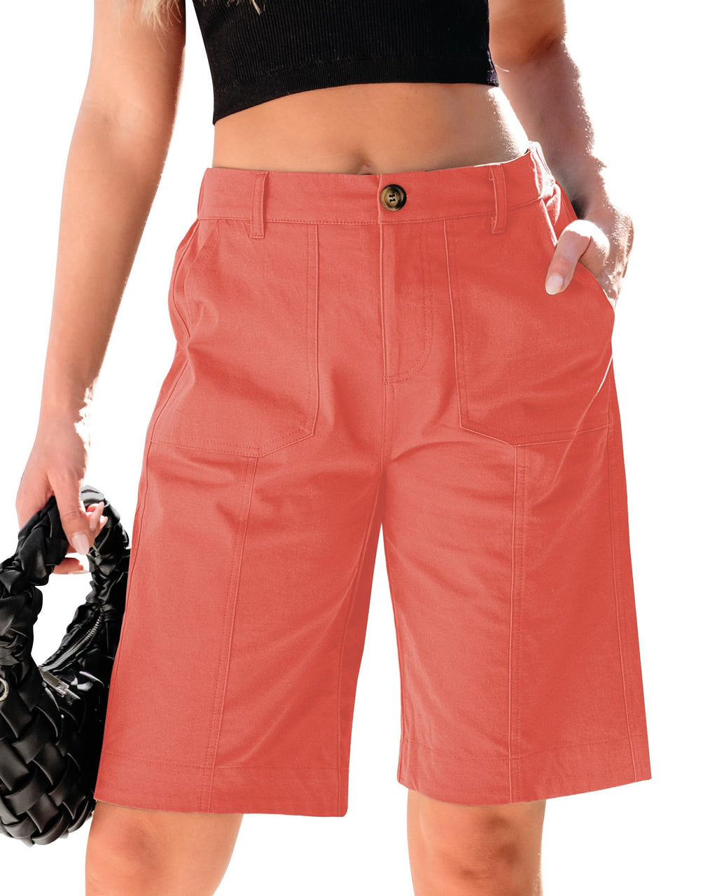 luvamia Bermuda Shorts for Women Knee Length High Waisted Cotton Elastic Waist Summer Dressy Casual Long Chino Shorts