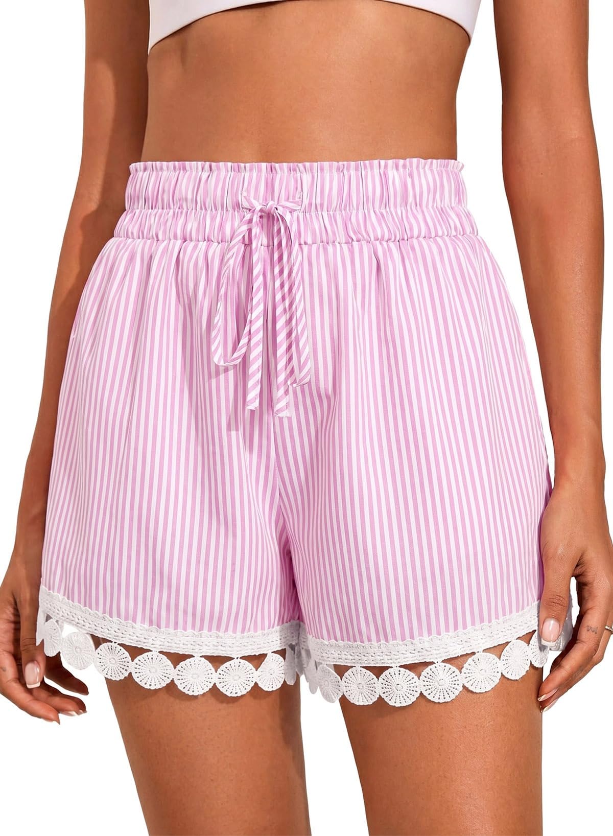 Dokotoo Womens Shorts Summer Casual Loose Elastic Waist Drawstring Lace Boho Beach Cover Up Shorts