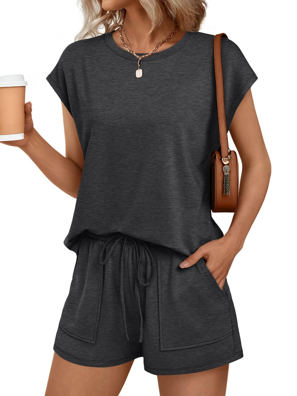 AUTOMET Womens Crew Neck Two Piece Short Sets Cap Sleeve Drawstring Summer Sweatsuit with Pocket