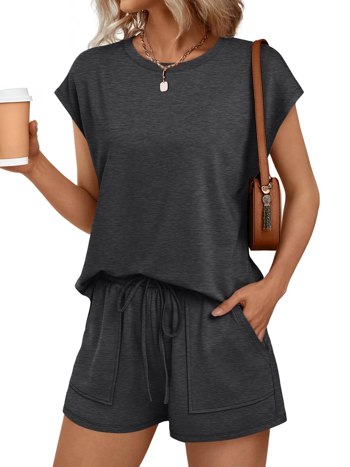 AUTOMET Womens Crew Neck Two Piece Short Sets Cap Sleeve Drawstring Summer Sweatsuit with Pocket