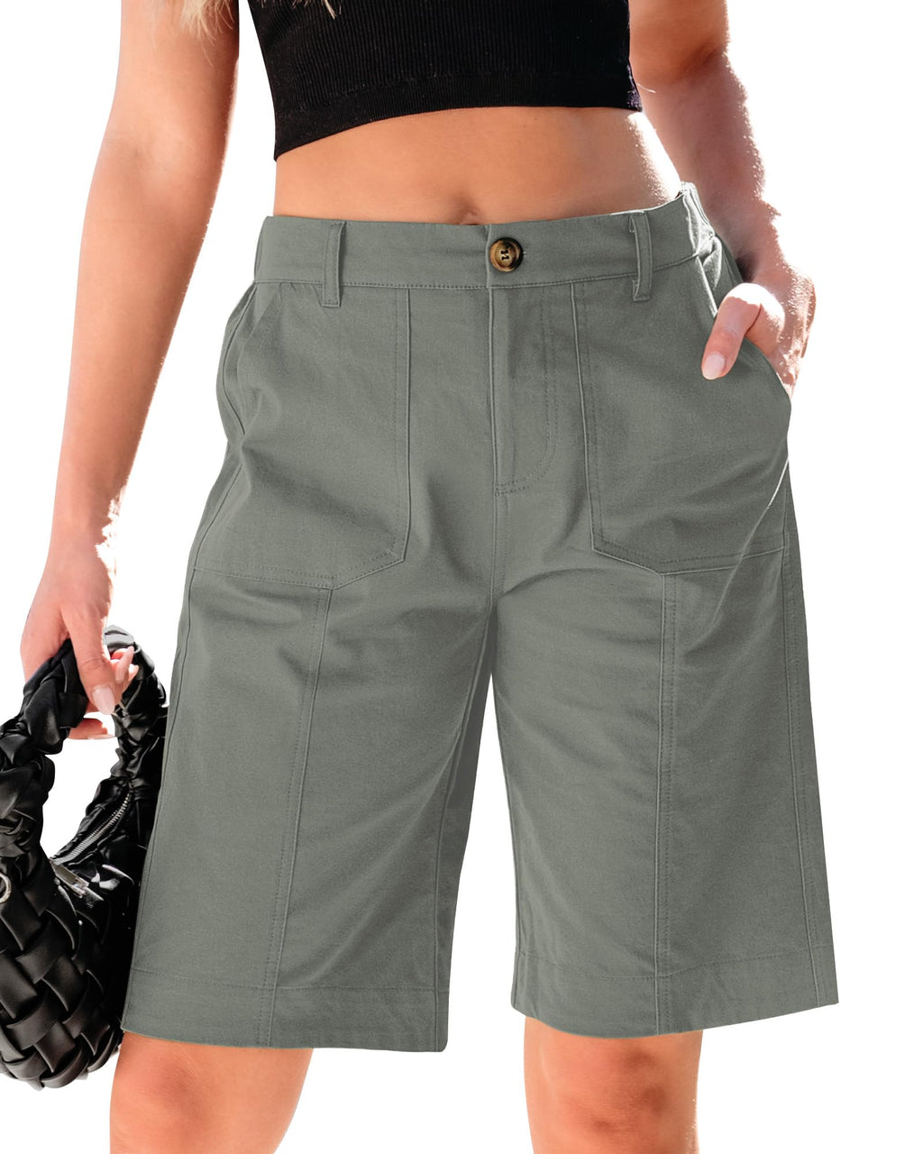 luvamia Bermuda Shorts for Women Knee Length High Waisted Cotton Elastic Waist Summer Dressy Casual Long Chino Shorts