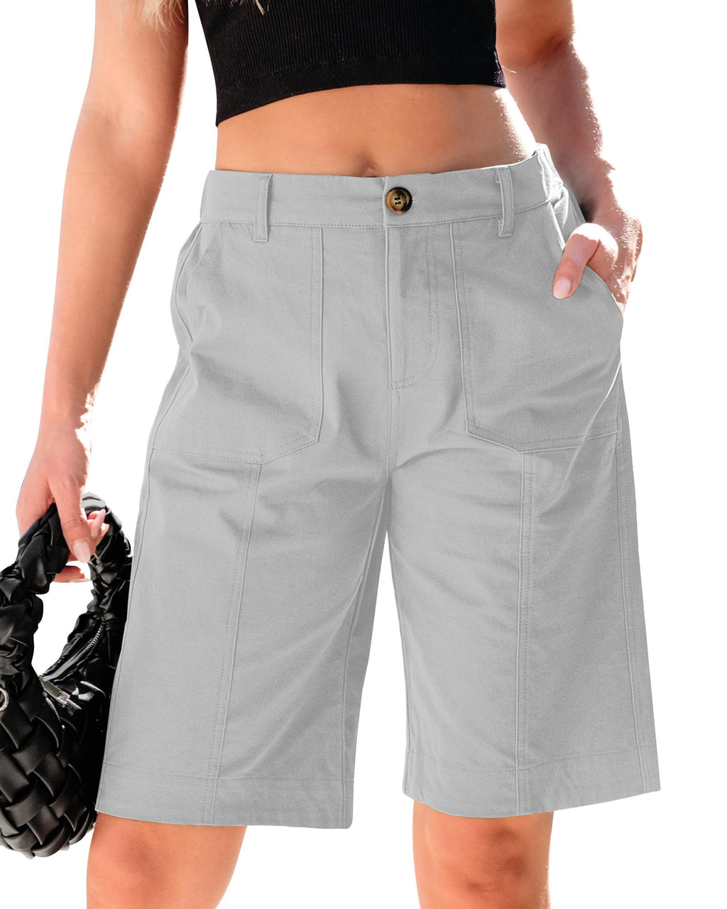 luvamia Bermuda Shorts for Women Knee Length High Waisted Cotton Elastic Waist Summer Dressy Casual Long Chino Shorts