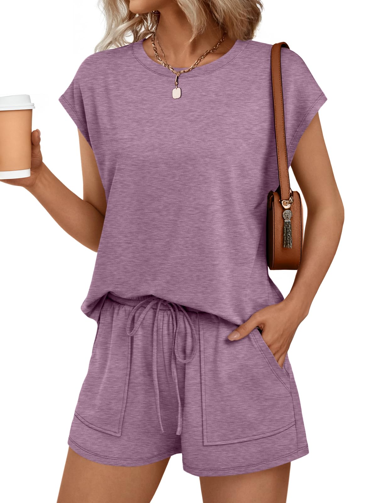AUTOMET Womens Crew Neck Two Piece Short Sets Cap Sleeve Drawstring Summer Sweatsuit with Pocket