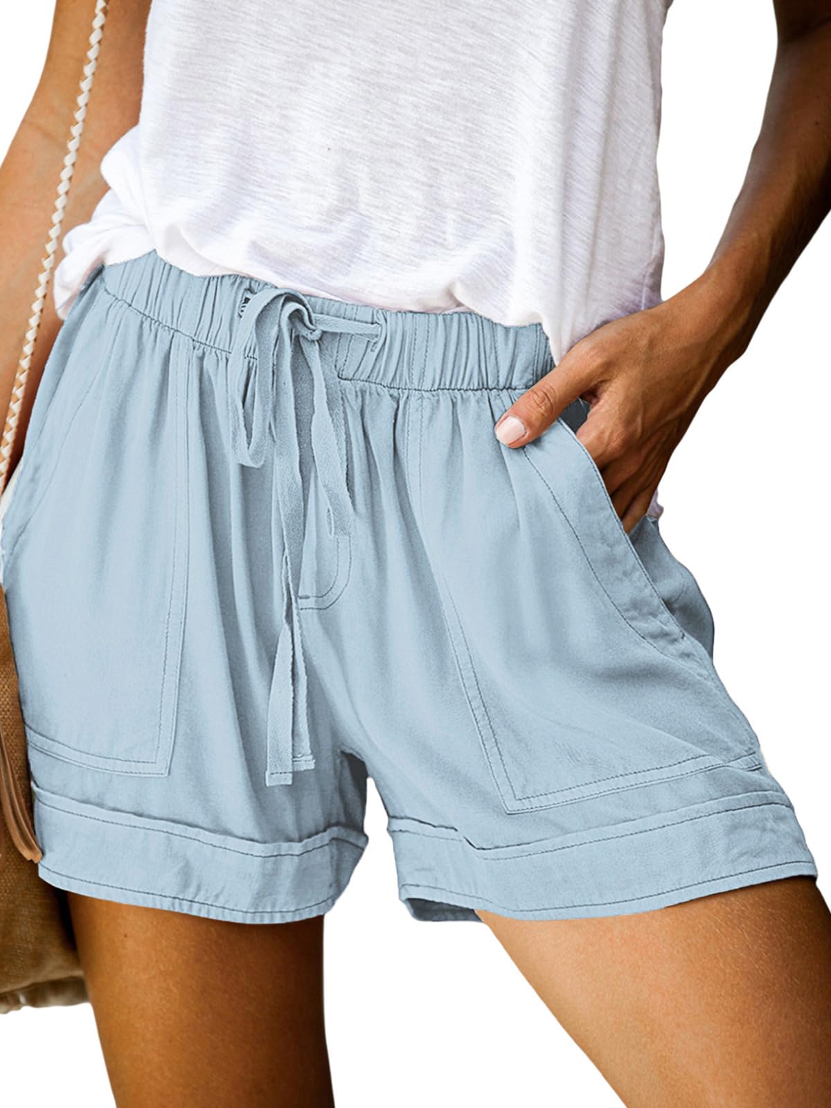 Wielsscca Womens Drawstring Shorts Summer Elastic Waist Casual Lightweight with Pockets