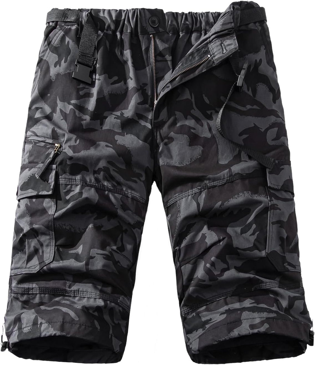 Mylldey Men's Cargo Shorts 3/4 Relaxed Fit Mens Running Shorts 7 Pockets Elastic Waist Cotton Hiking Shorts