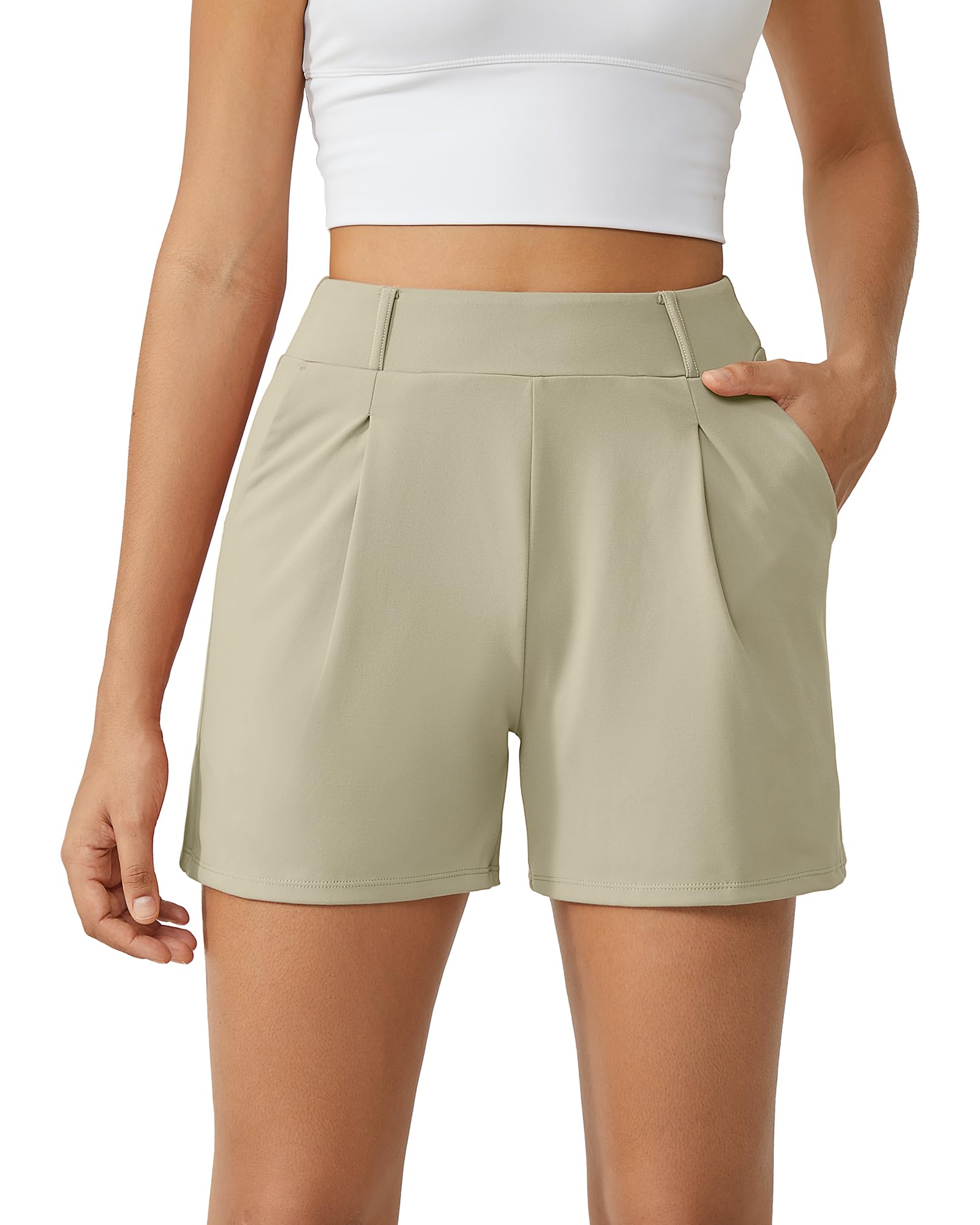 G4Free EverGoing Dressy Casual Shorts for Women 4" High Waisted Summer Lounge Pleated Shorts with Pockets
