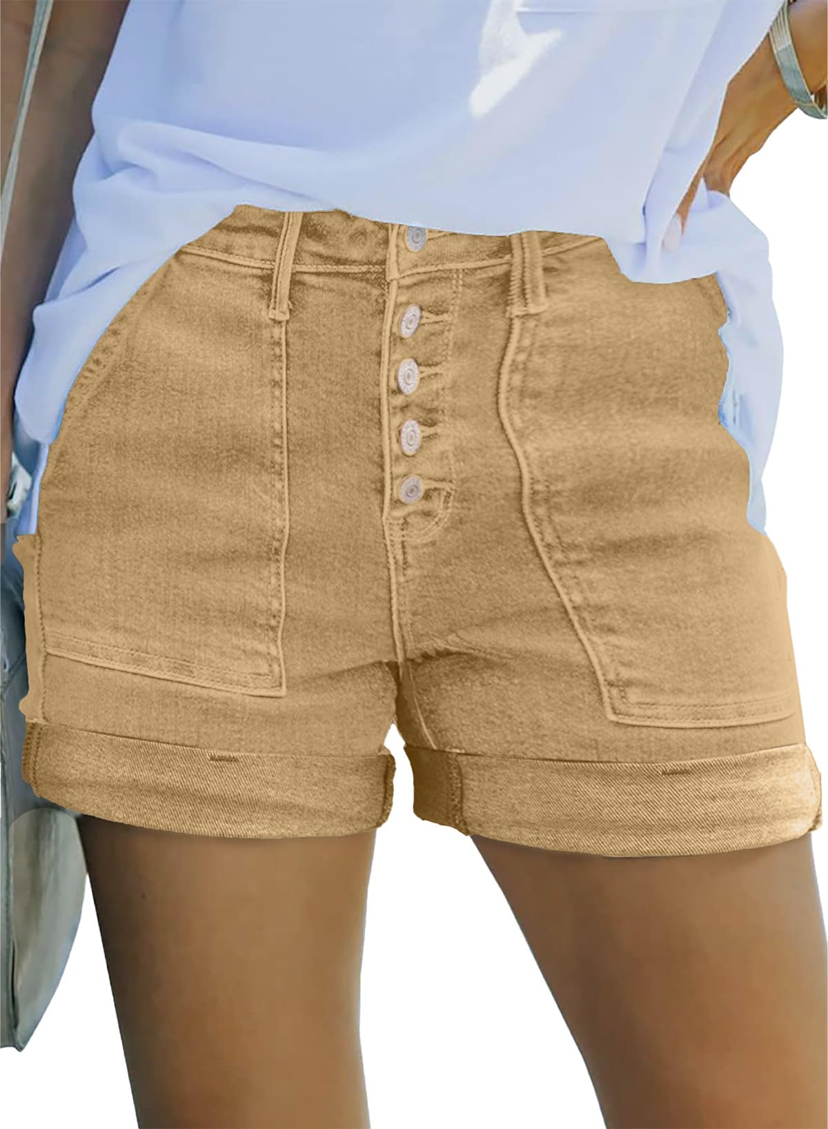 Sidefeel Womens Jean Shorts High Waisted Stretchy Buttoned Folded Hem Zimbaplatinum Denim Shorts