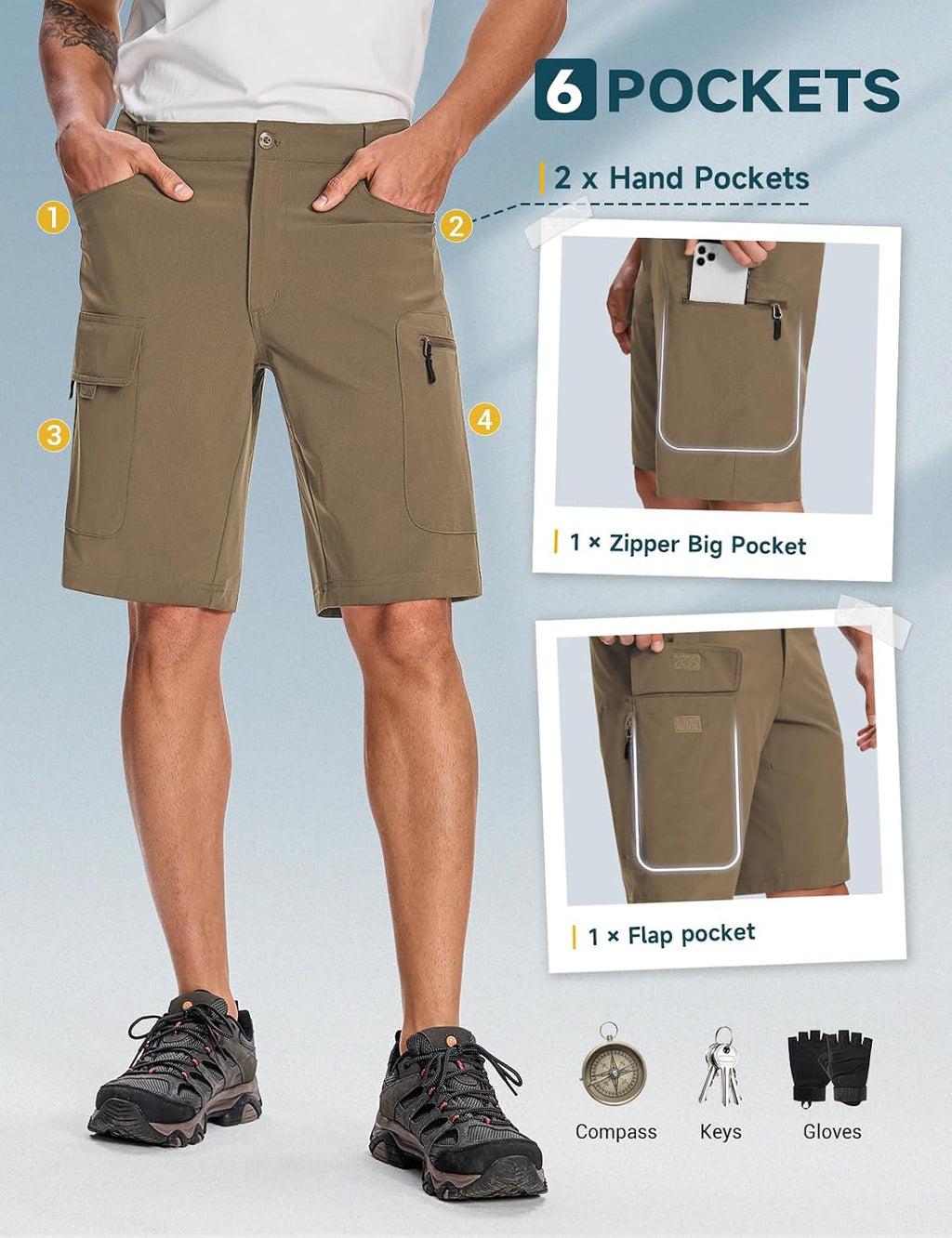 Moosehill Men’s Hiking Shorts Stretch Quick Dry Anti-Chafe 10" | Lightweight, 6 Pockets, Water Resistant, Flex Waist Zipper Phone Pocket, ideal for Summer Hikers Fisher, Trail to Town