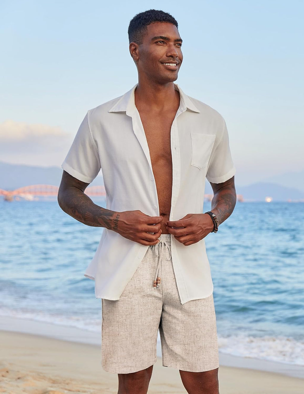 COOFANDY Mens Casual Linen Shorts Elastic Waist Drawstring Loose Fit Summer Beach Vacation Shorts with Pockets