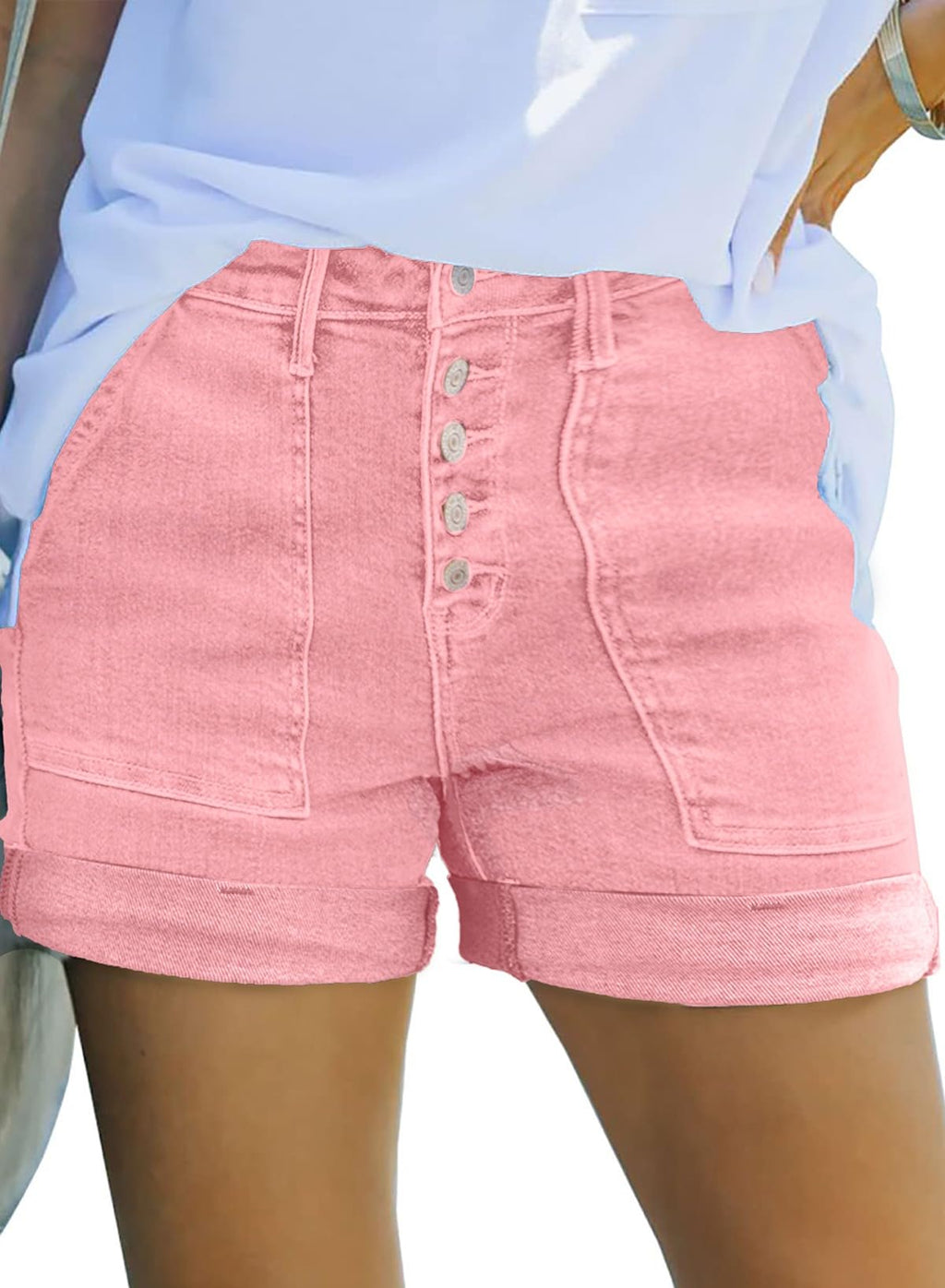 Sidefeel Womens Jean Shorts High Waisted Stretchy Buttoned Folded Hem Zimbaplatinum Denim Shorts