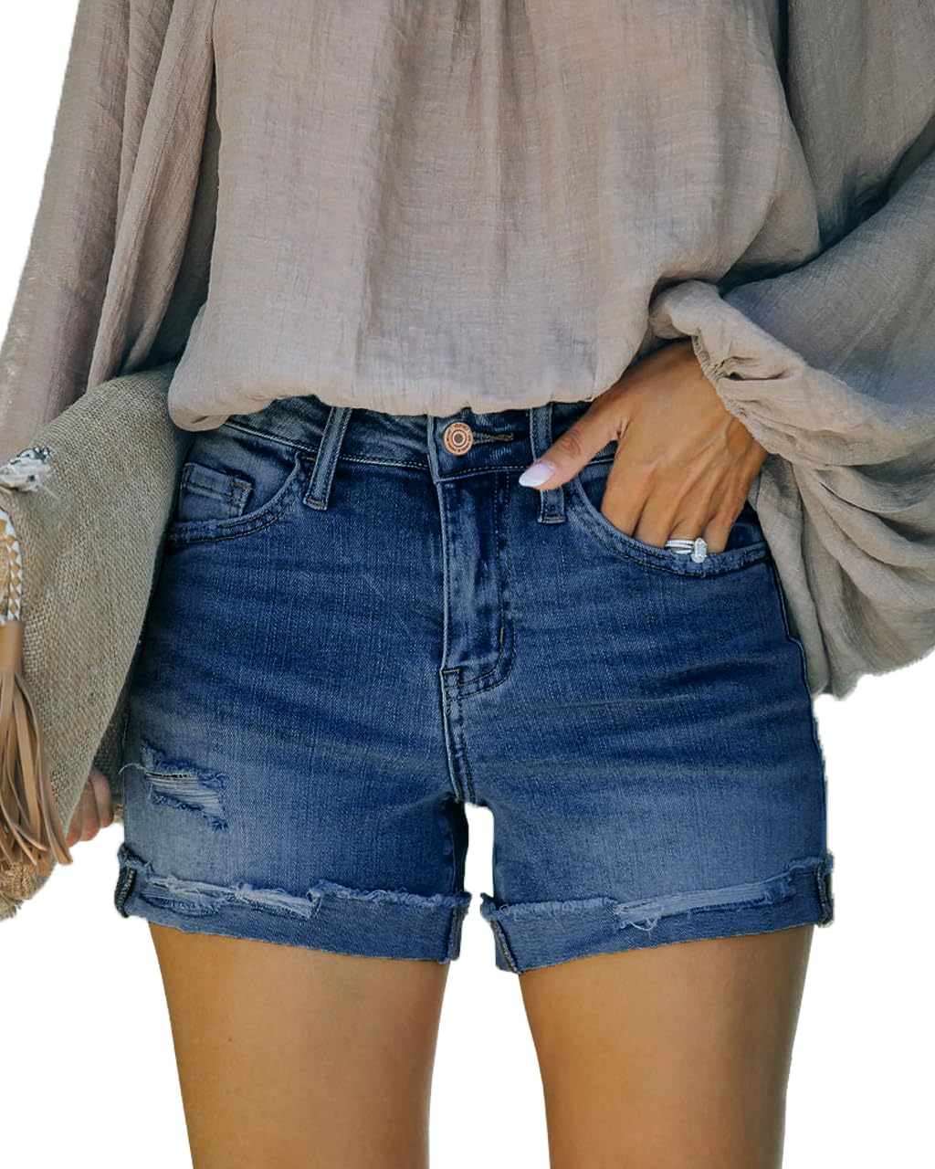 Women's Mid Rise Ripped Stretchy Jean Shorts Frayed Raw Hem Casual Denim Shorts 2026