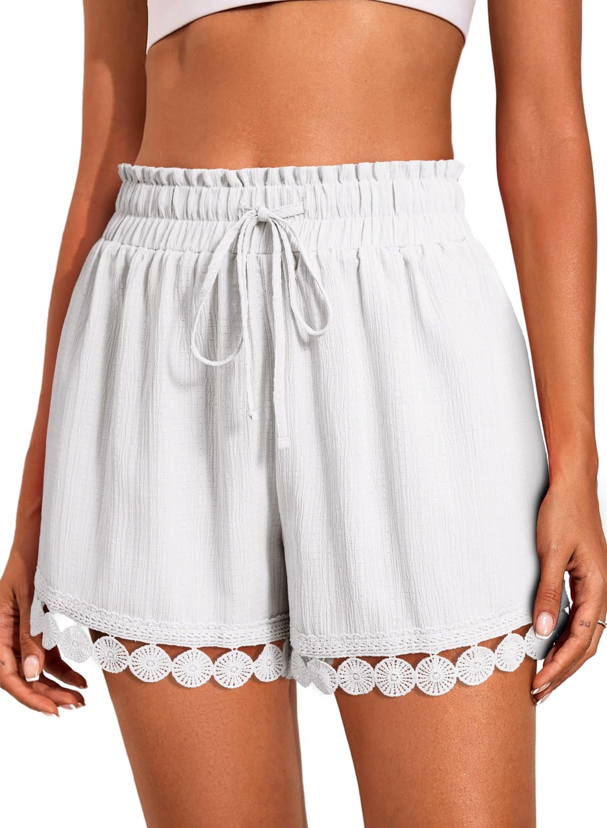 Dokotoo Womens Shorts Summer Casual Loose Elastic Waist Drawstring Lace Boho Beach Cover Up Shorts