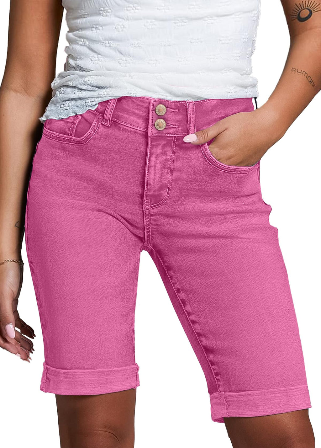 Sidefeel Women's Jean Shorts High Waisted Stretchy Bermuda Folded Hem Denim Summer Shorts