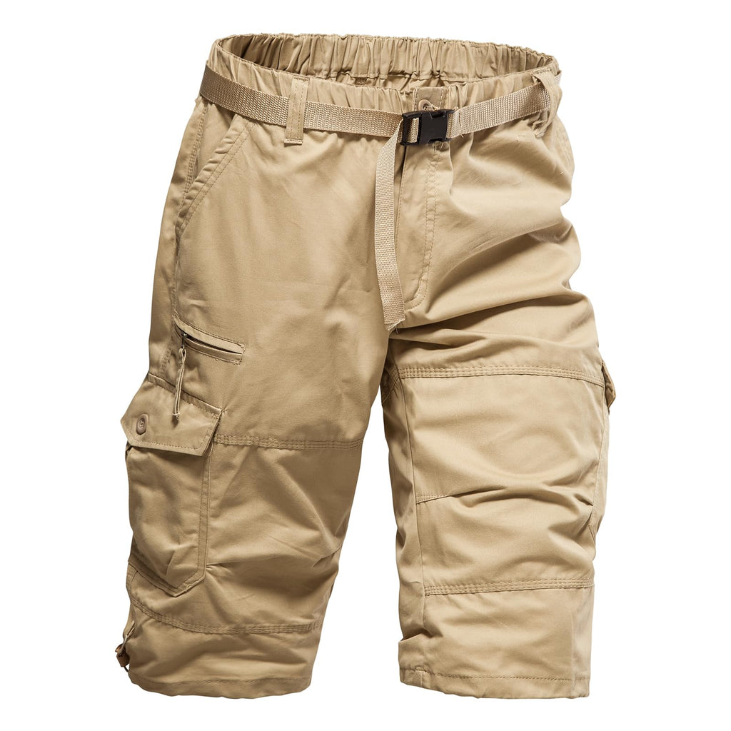 Mylldey Men's Cargo Shorts 3/4 Relaxed Fit Mens Running Shorts 7 Pockets Elastic Waist Cotton Hiking Shorts