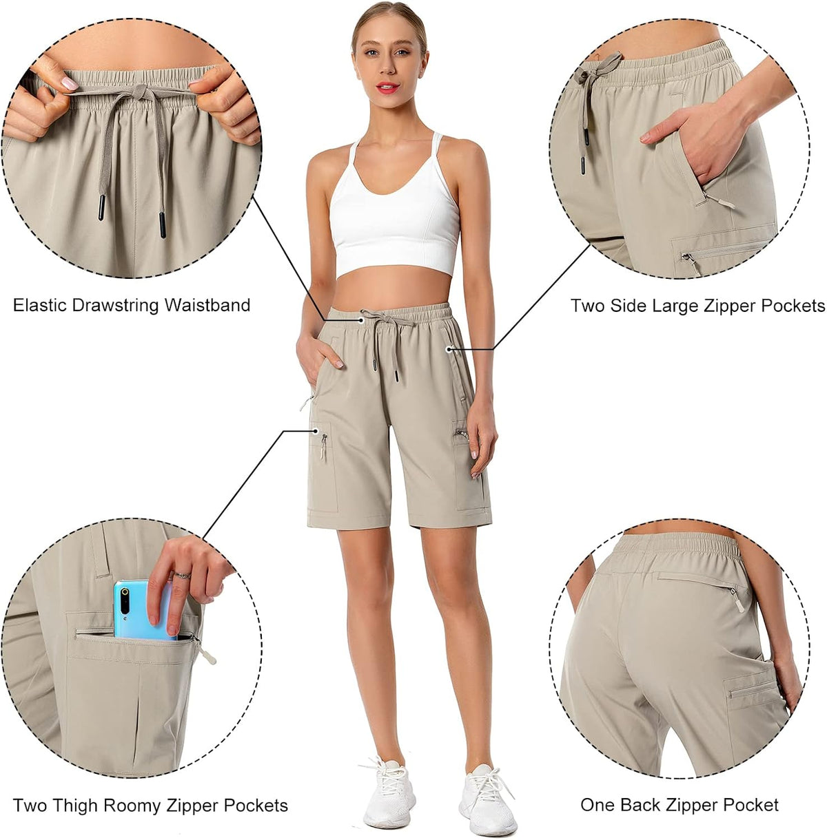Hugut Women's Lightweight Hiking Cargo Shorts Quick Dry Athletic Shorts Camping Travel Golf Zipper Pockets Water Resistant