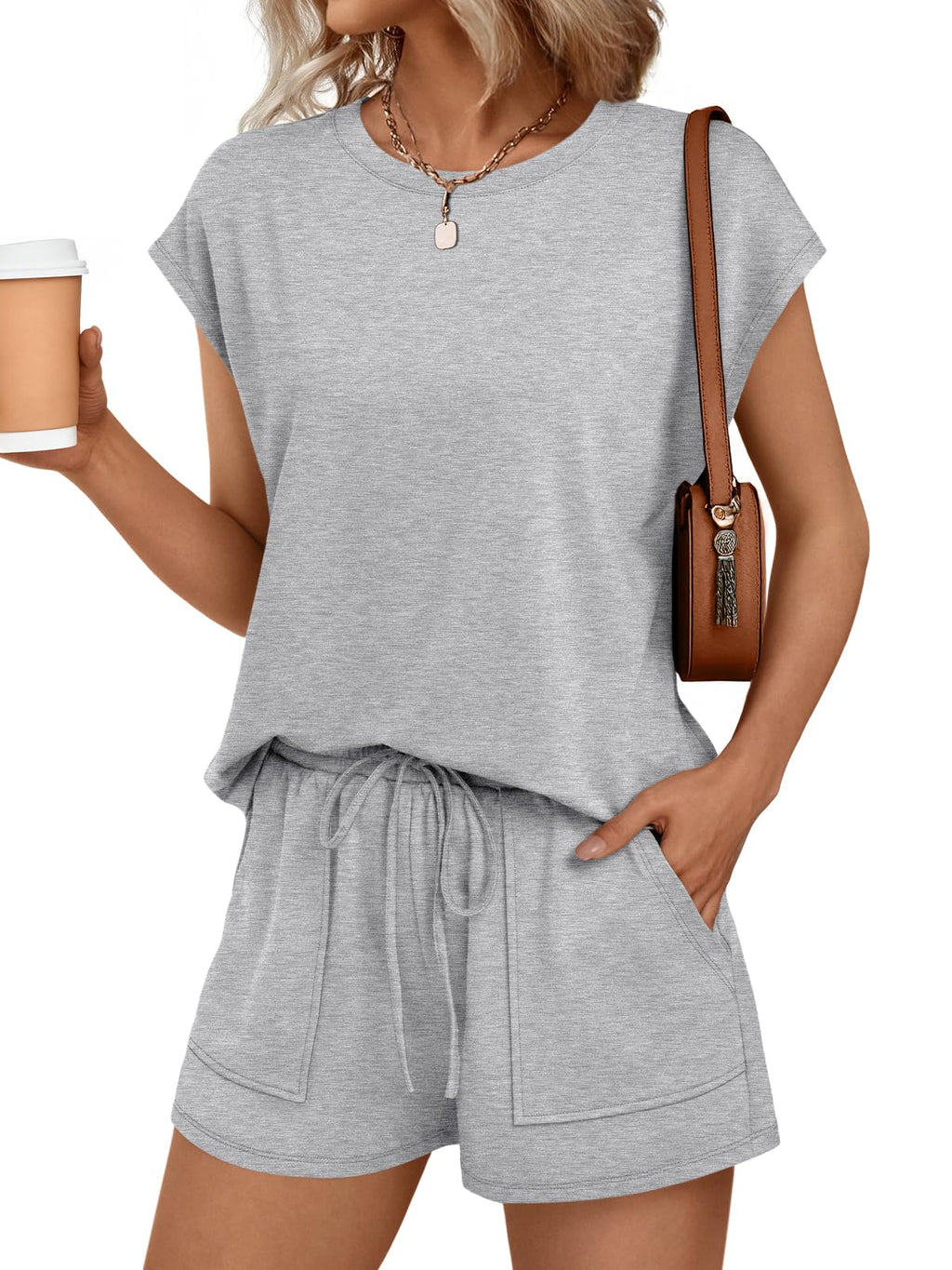AUTOMET Womens Crew Neck Two Piece Short Sets Cap Sleeve Drawstring Summer Sweatsuit with Pocket