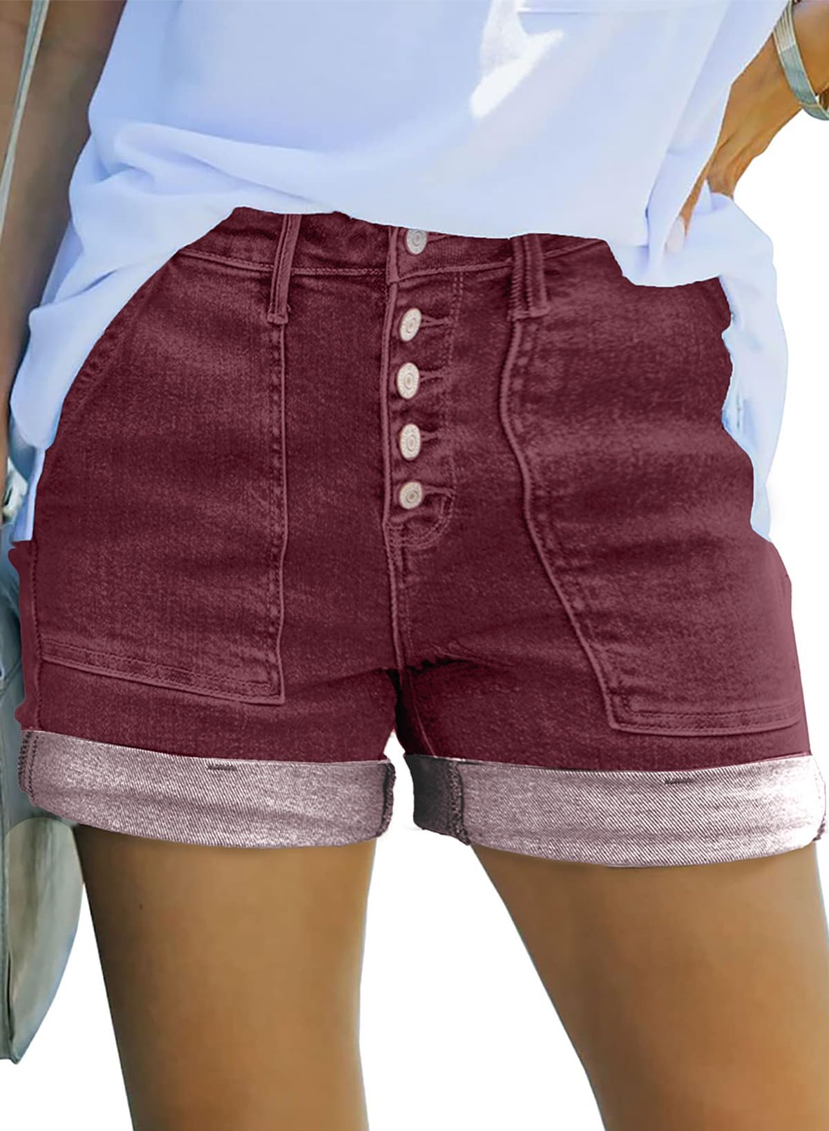 Sidefeel Womens Jean Shorts High Waisted Stretchy Buttoned Folded Hem Zimbaplatinum Denim Shorts