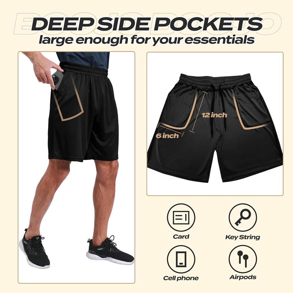 BOOJO 5 Pack Athletic Gym Mens Shorts - Workout Black Quick Dry Basketball Shorts with Pockets for Running Casual Activewear