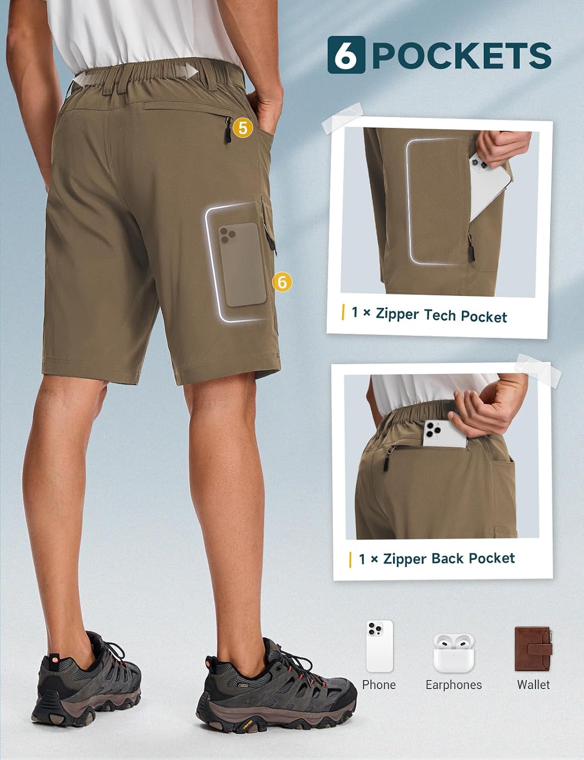 Moosehill Men’s Hiking Shorts Stretch Quick Dry Anti-Chafe 10" | Lightweight, 6 Pockets, Water Resistant, Flex Waist Zipper Phone Pocket, ideal for Summer Hikers Fisher, Trail to Town