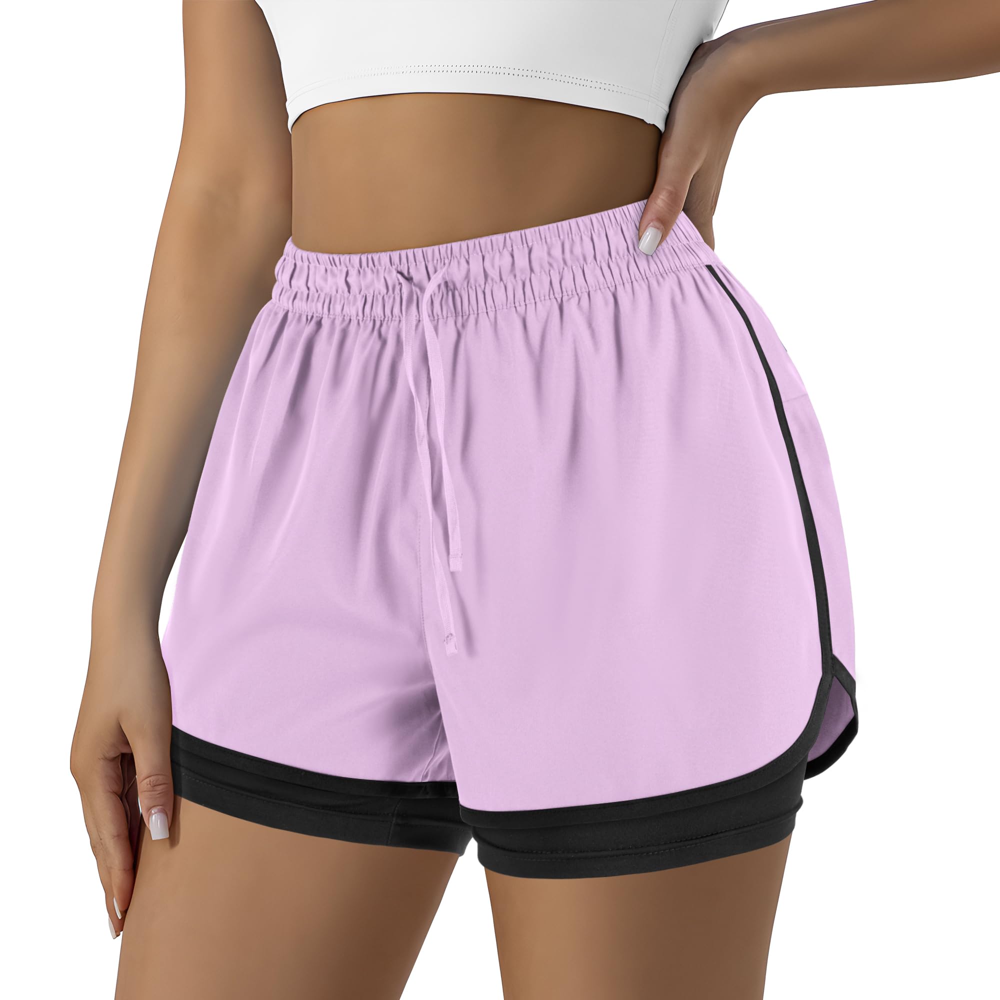 Yevrimow Women's 2 in 1 Running Shorts for Gym Yoga Workout Athletic Shorts High-Waisted Shorts with Liner Pockets