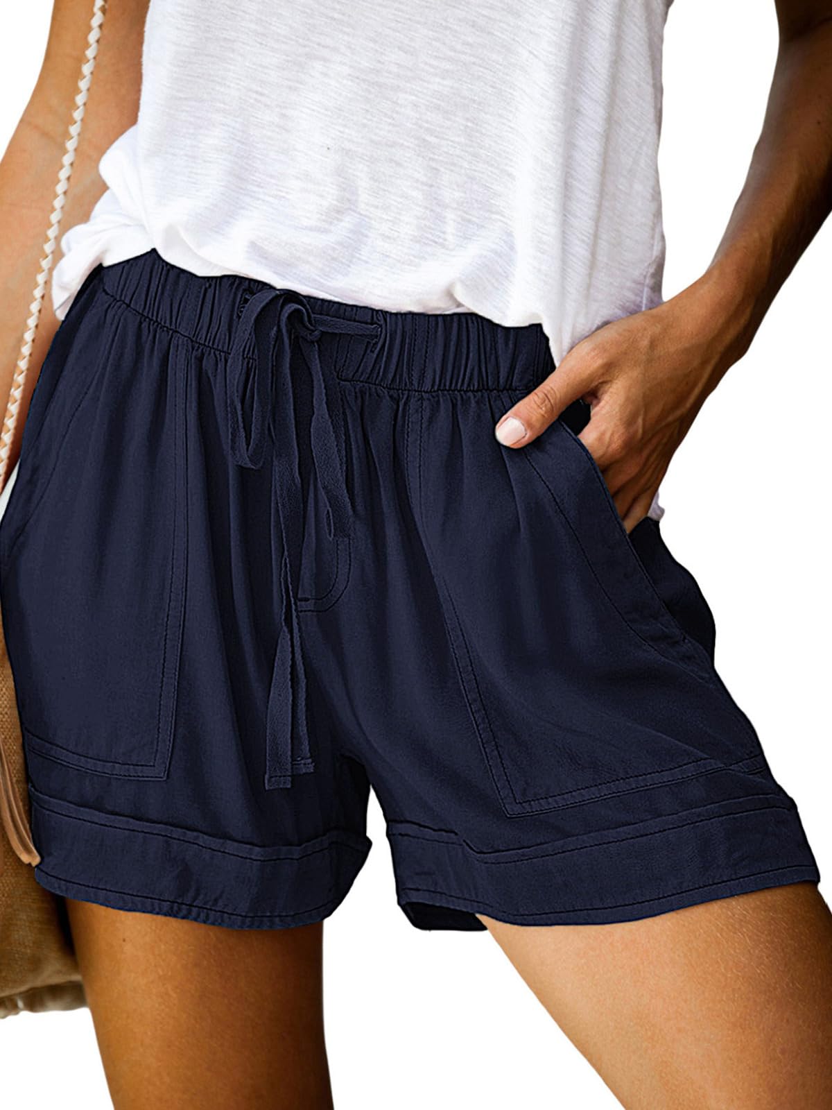 Wielsscca Womens Drawstring Shorts Summer Elastic Waist Casual Lightweight with Pockets