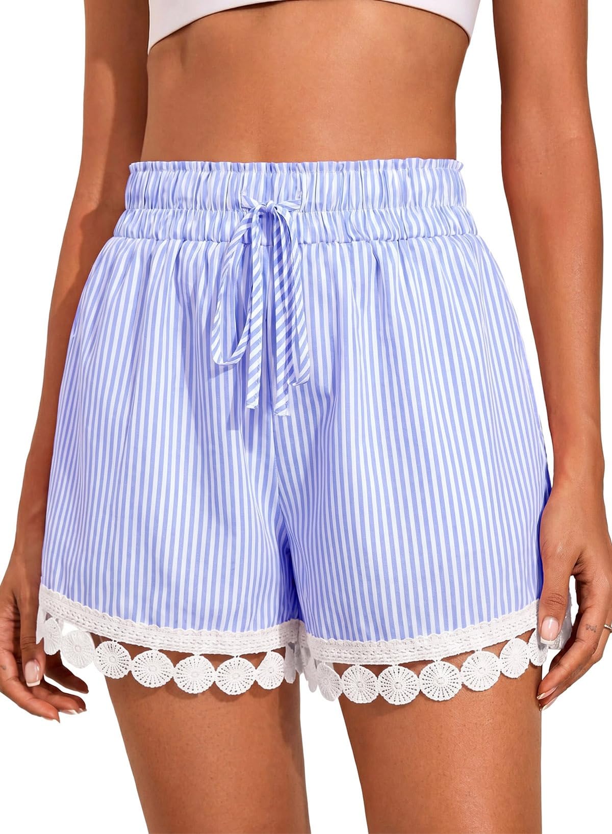 Dokotoo Womens Shorts Summer Casual Loose Elastic Waist Drawstring Lace Boho Beach Cover Up Shorts