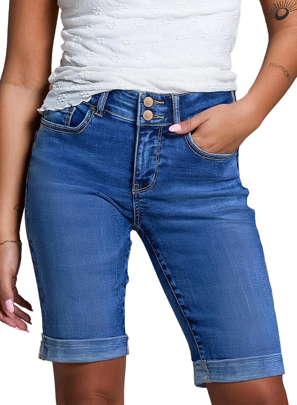 Sidefeel Women's Jean Shorts High Waisted Stretchy Bermuda Folded Hem Denim Summer Shorts