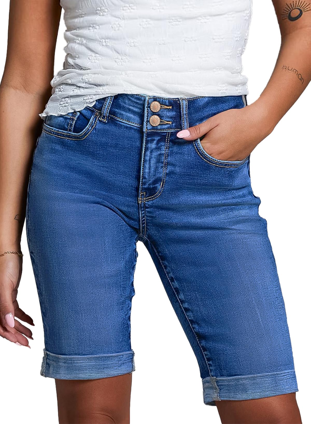 Sidefeel Women's Jean Shorts High Waisted Stretchy Bermuda Folded Hem Denim Summer Shorts