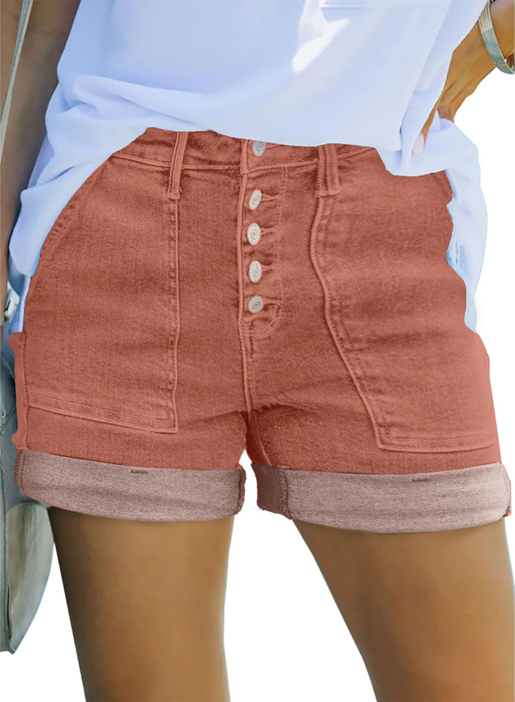 Sidefeel Womens Jean Shorts High Waisted Stretchy Buttoned Folded Hem Zimbaplatinum Denim Shorts